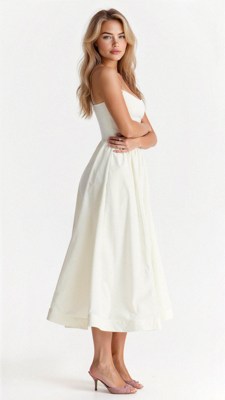 Vestido Midi Feminino - Alça Fina Decote Redondo Saia Godê Franzida