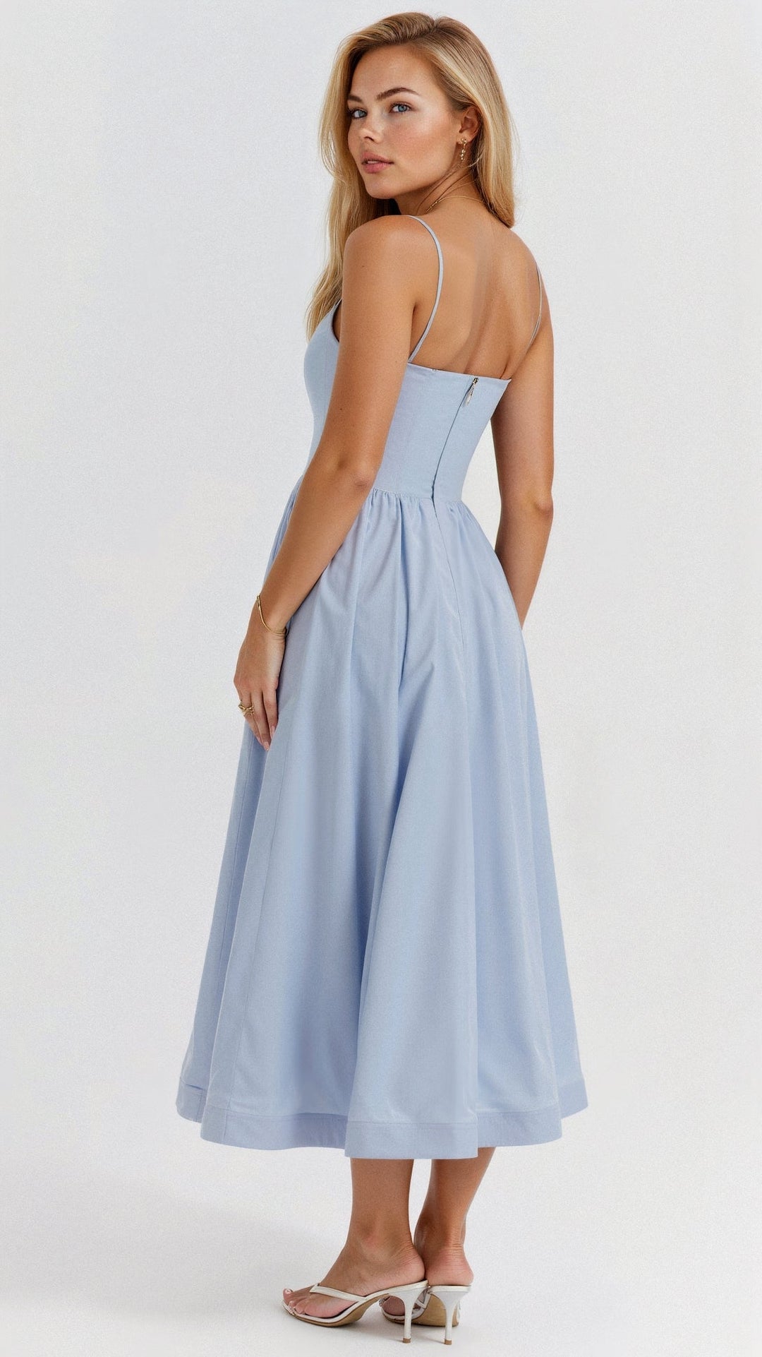 Vestido Midi Feminino - Alça Fina Decote Redondo Saia Godê Franzida