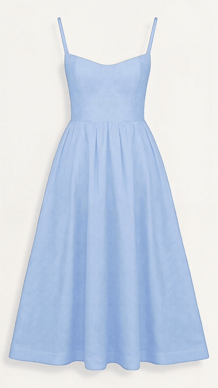 Vestido Midi Feminino - Alça Fina Decote Redondo Saia Godê Franzida