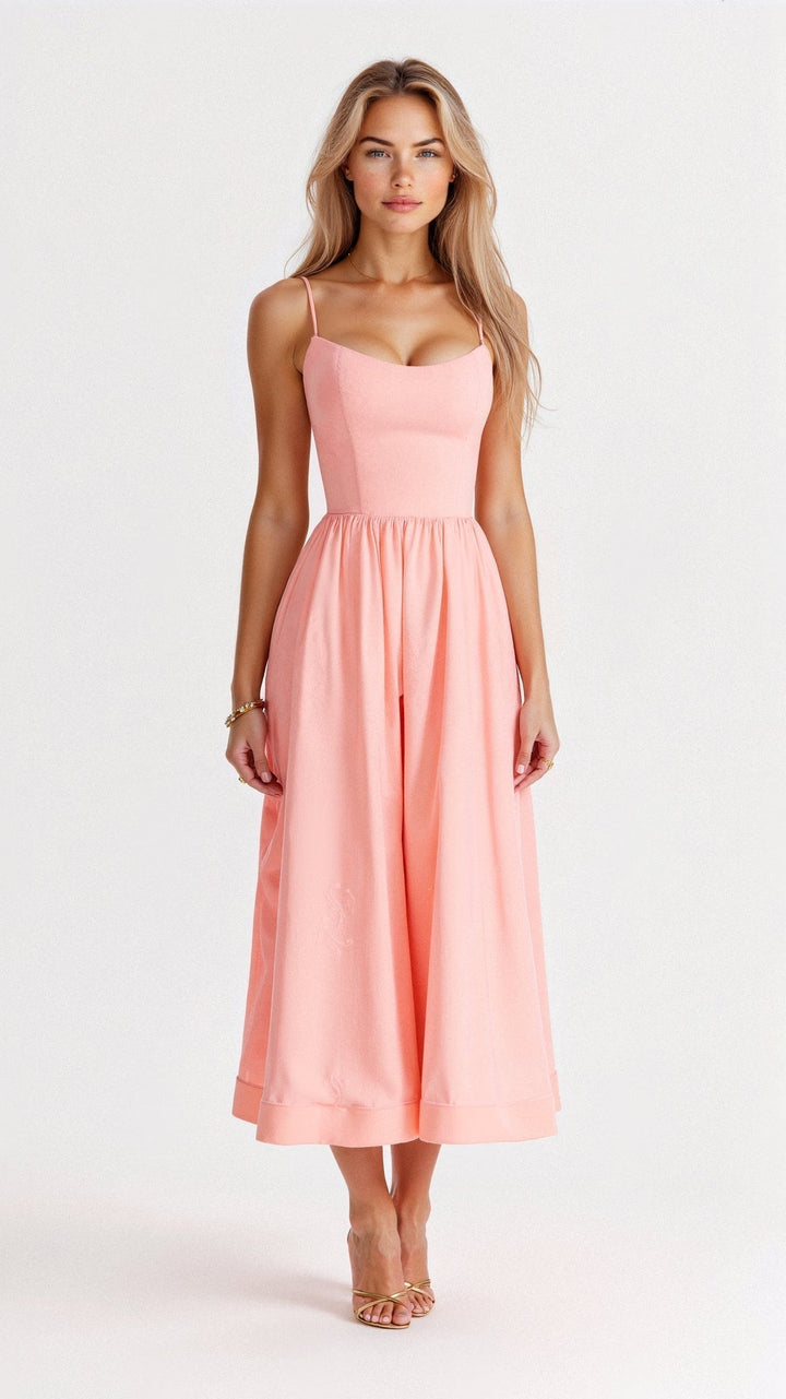 Vestido Midi Feminino - Alça Fina Decote Redondo Saia Godê Franzida