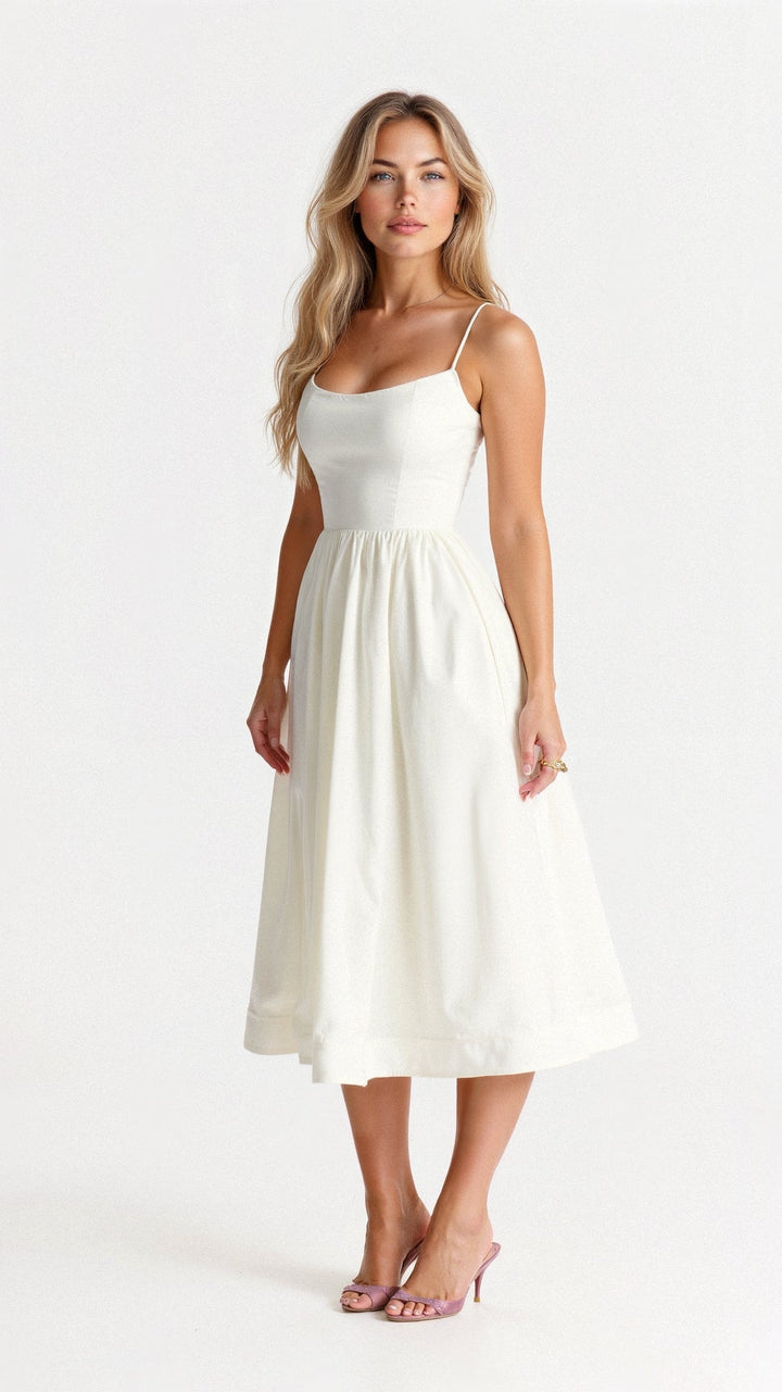 Vestido Midi Feminino - Alça Fina Decote Redondo Saia Godê Franzida