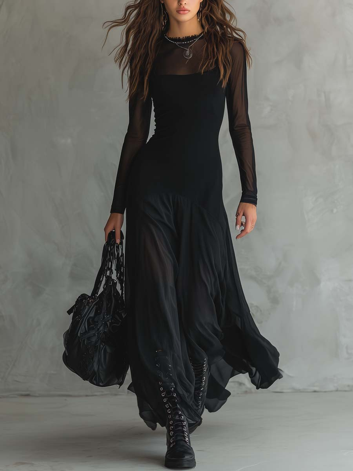 Women's Dress | Fitted Maxi with Tulle and Long Sleeves
