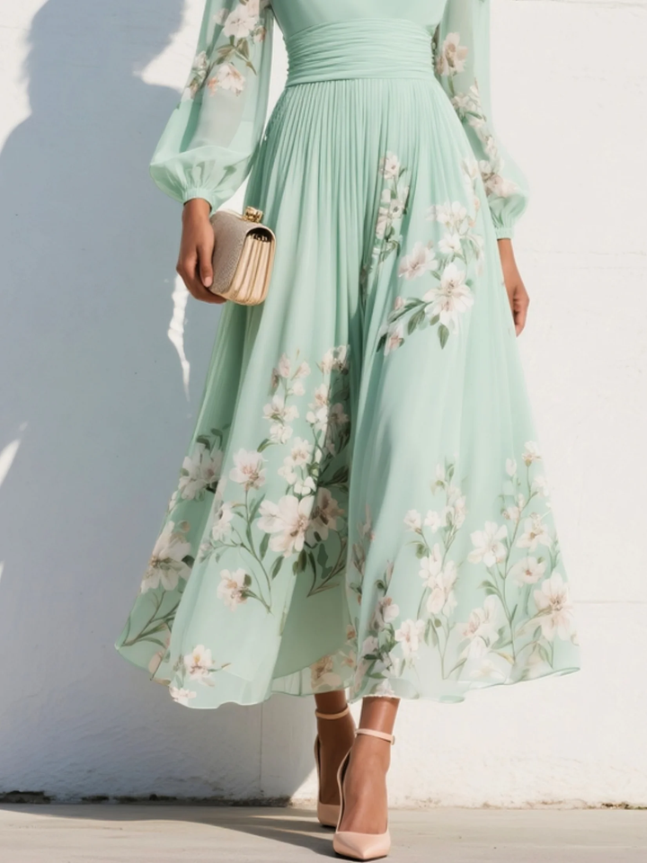 Vestido Midi Plisado de Chifón con Estampado Floral y Cuello de Pico Verde Claro