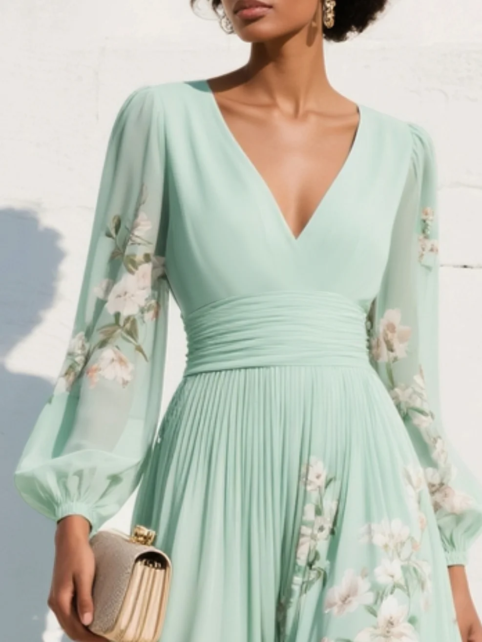 Vestido Midi Plisado de Chifón con Estampado Floral y Cuello de Pico Verde Claro