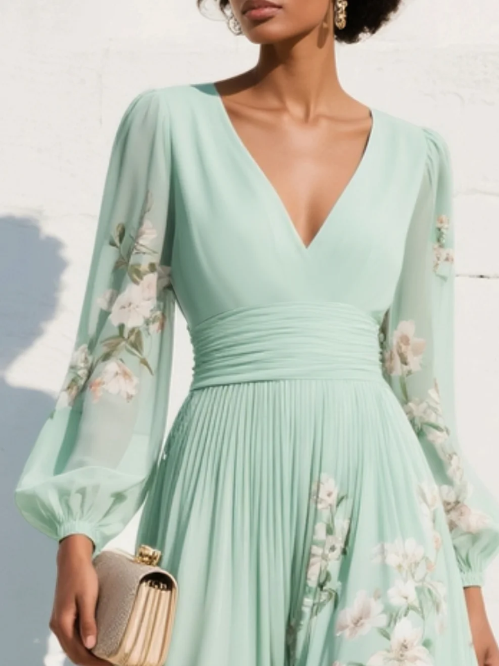 Vestido Midi Plisado de Chifón con Estampado Floral y Cuello de Pico Verde Claro