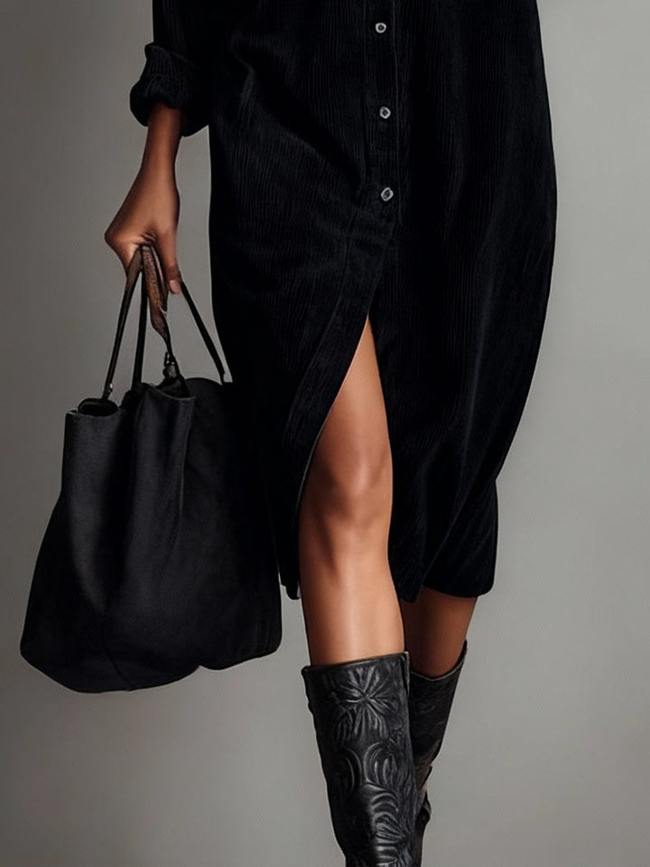 Loose Corduroy Double Chest Pocket Single Breasted Midi Dress