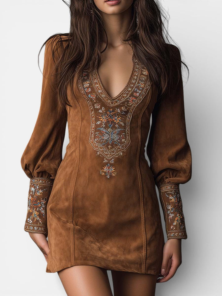 Lunori™ | Robe mini en suède brodée