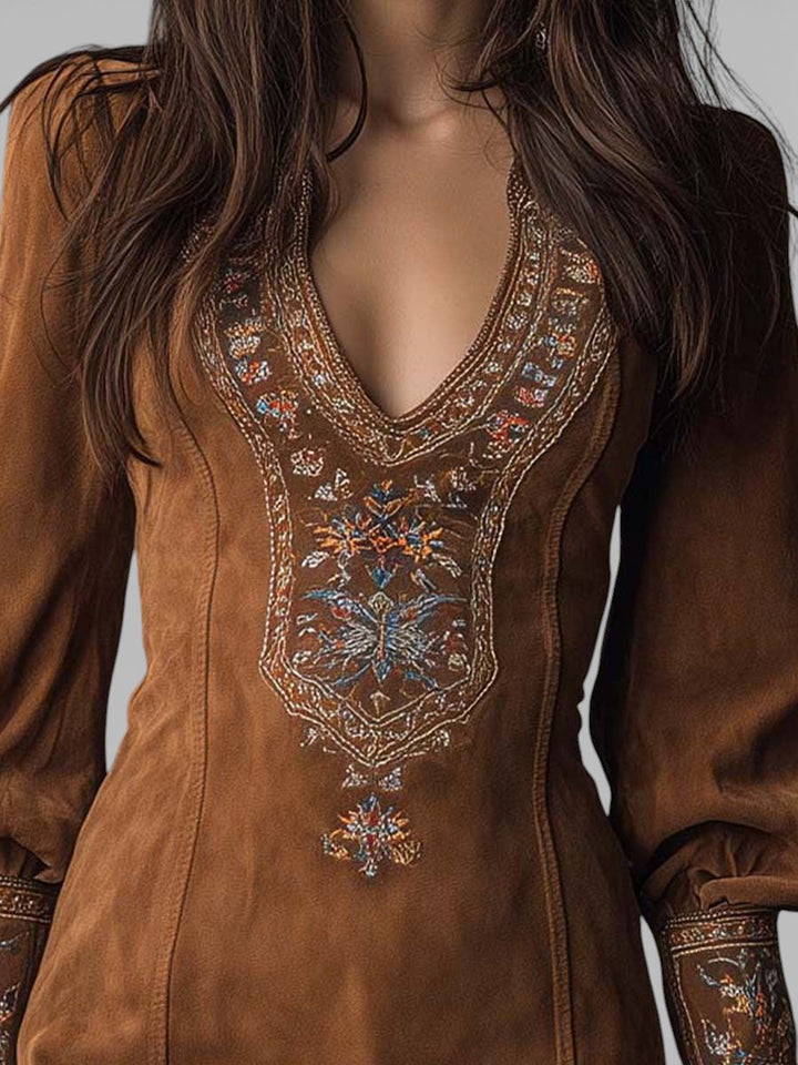 Lunori™ | Robe mini en suède brodée