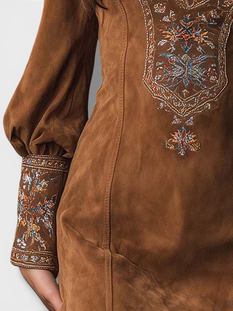 Lunori™ | Robe mini en suède brodée