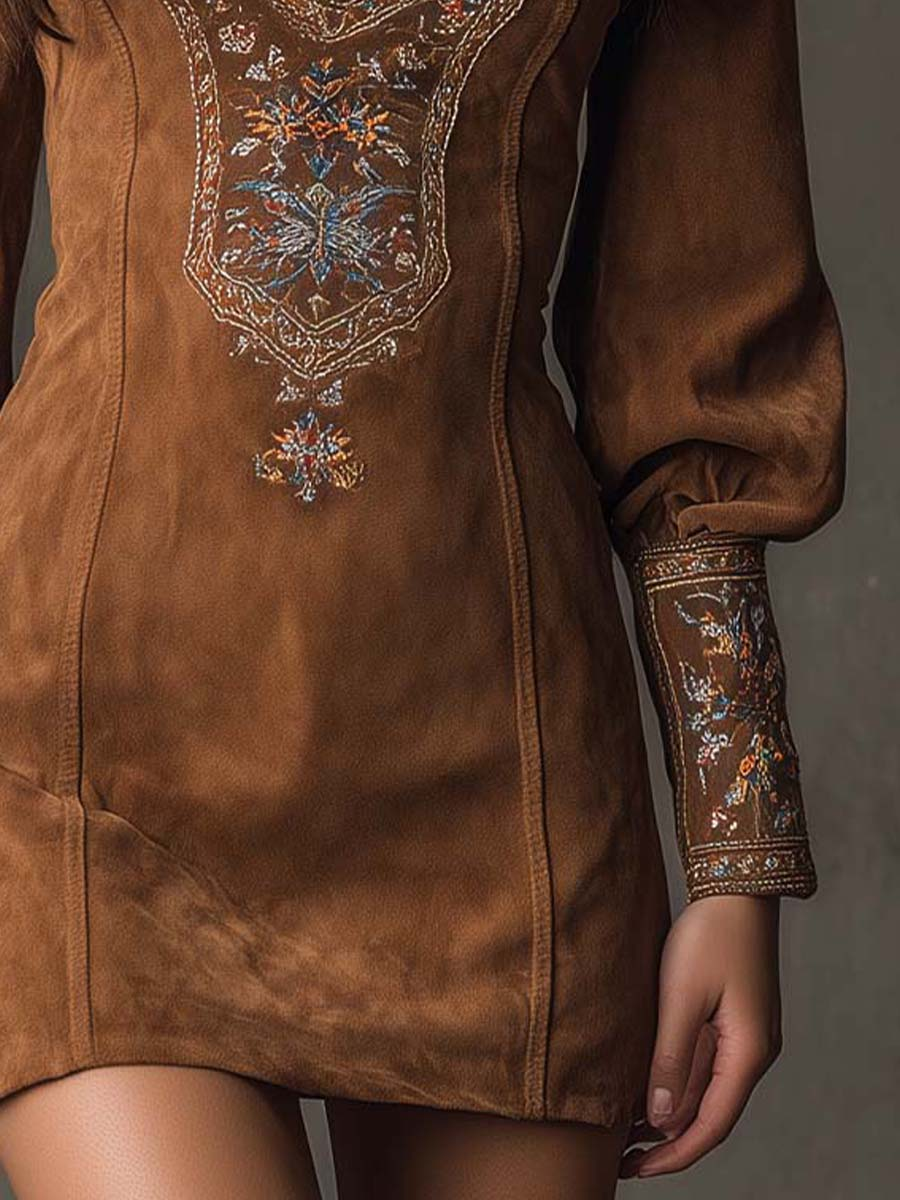 Riley | V-Neck Suede Embroidered Mini Dress