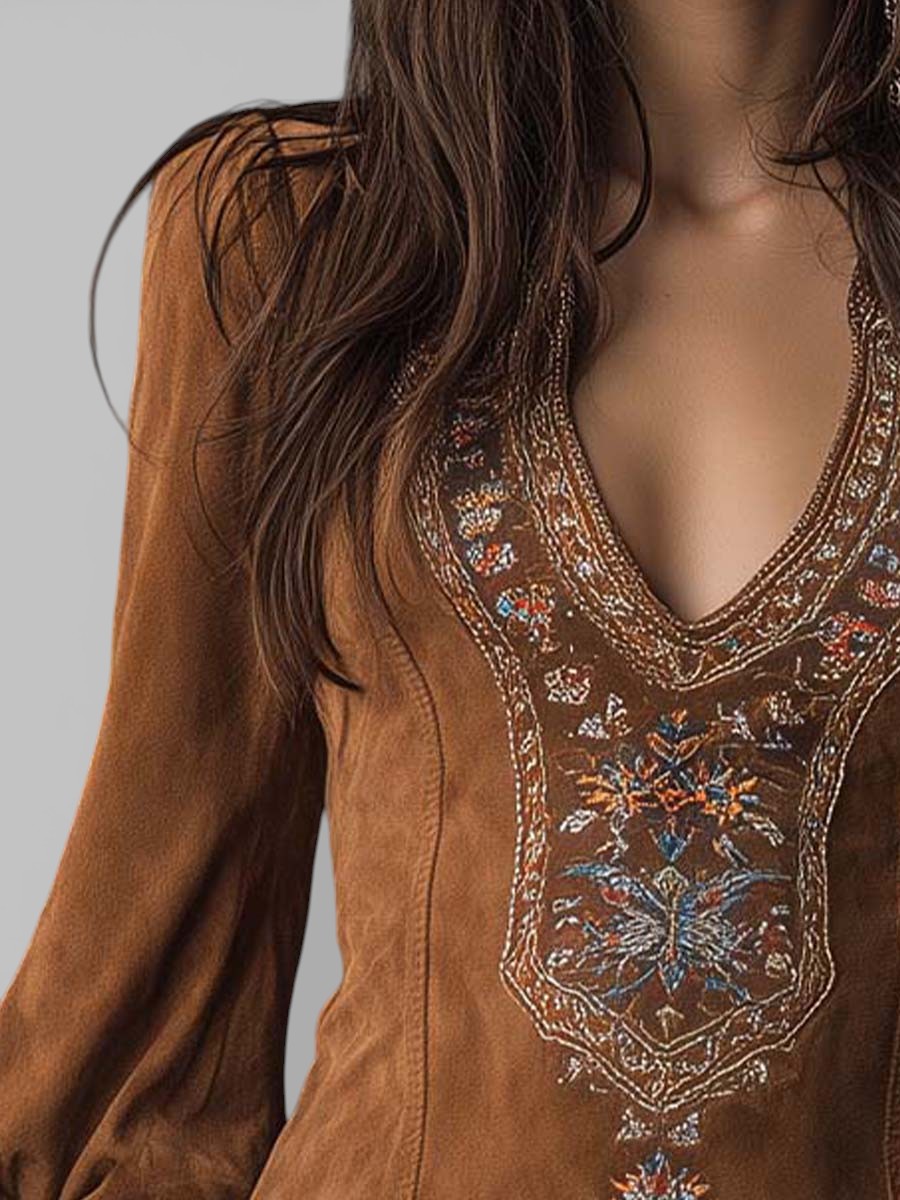 Lunori™ | Robe mini en suède brodée