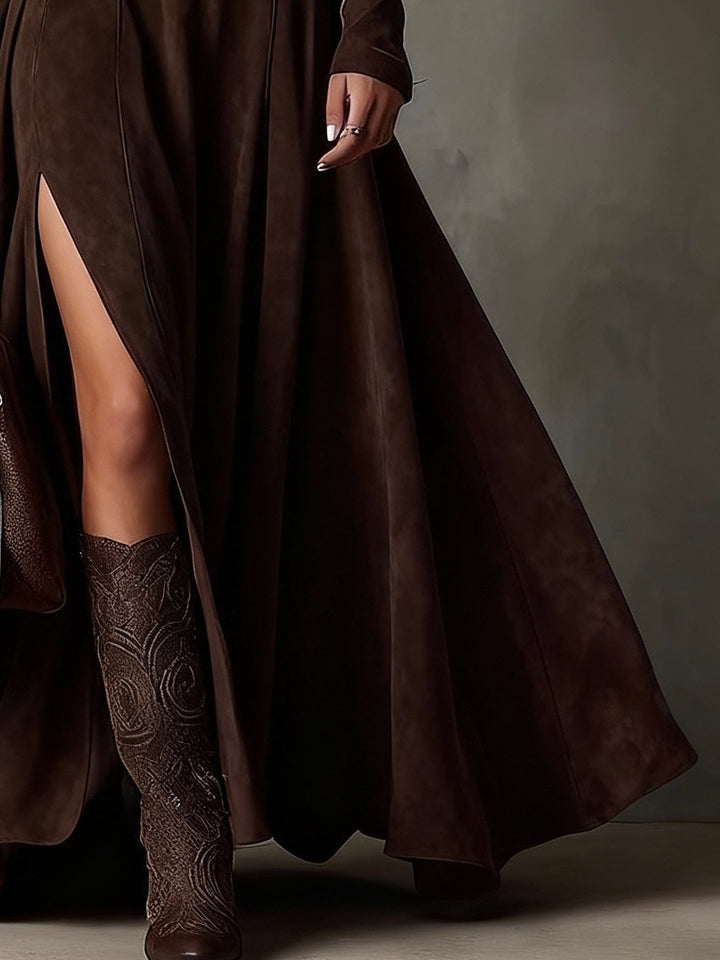 Mia | Suede Turtleneck Long Sleeve Maxi Dress