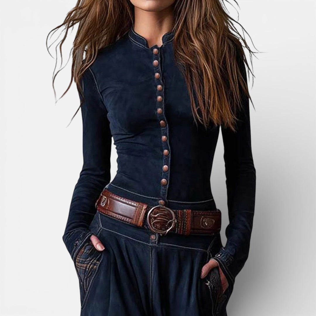 Leonora | Robe longue vintage en daim bleu marine à carreaux (ceinture incluse)