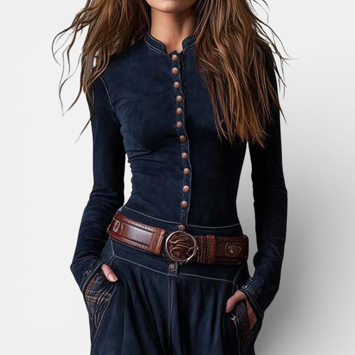 Leonora | Robe longue vintage en daim bleu marine à carreaux (ceinture incluse)