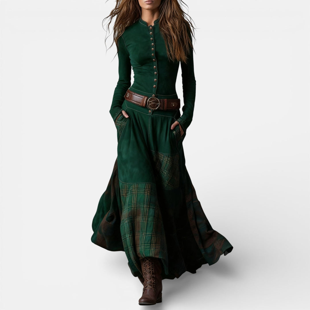 Leonora | Robe longue vintage en daim bleu marine à carreaux (ceinture incluse)