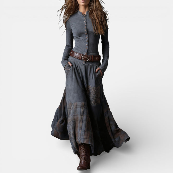 Leonora | Robe longue vintage en daim bleu marine à carreaux (ceinture incluse)