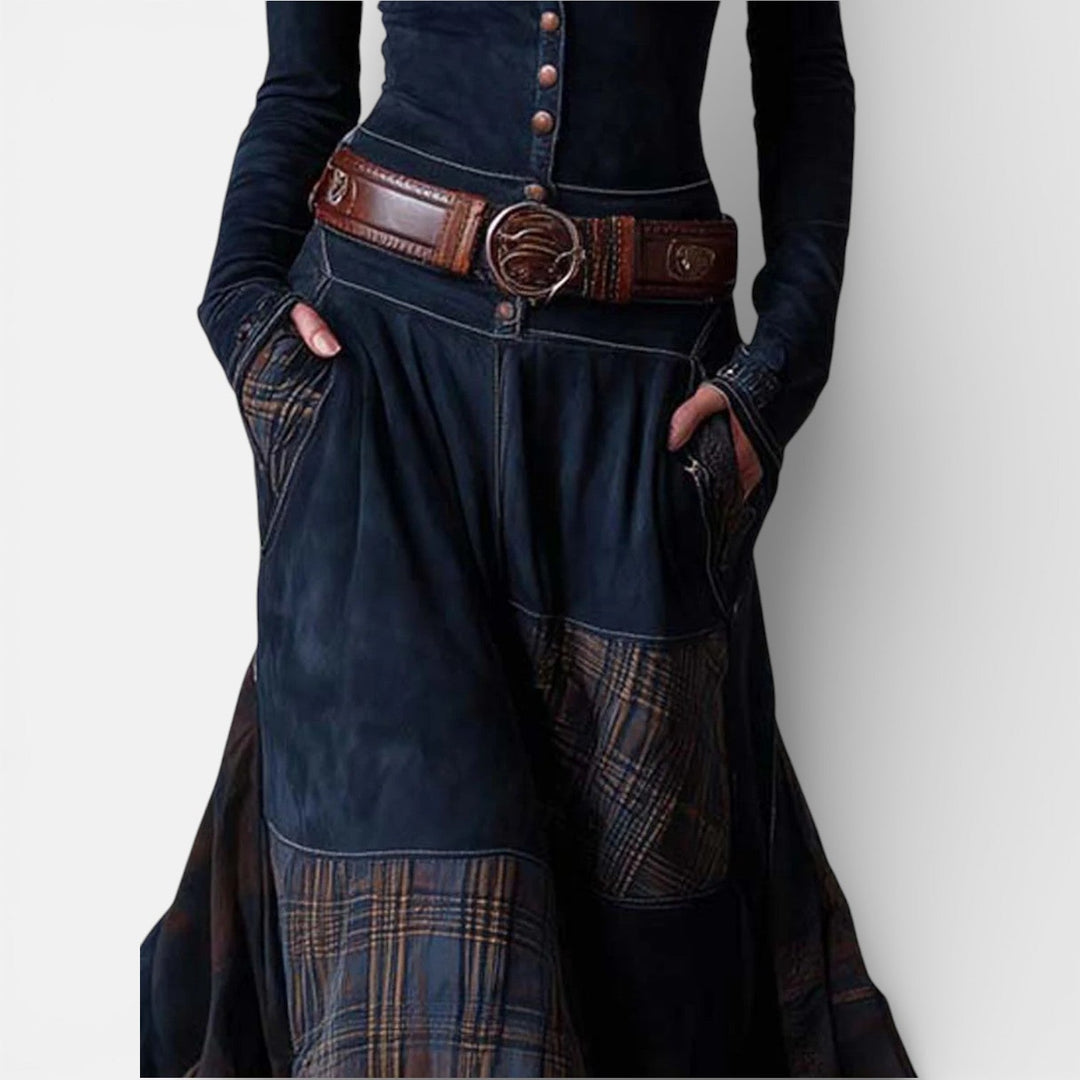 Leonora | Robe longue vintage en daim bleu marine à carreaux (ceinture incluse)