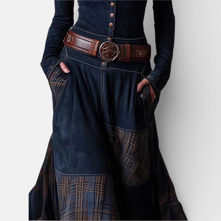 Leonora | Robe longue vintage en daim bleu marine à carreaux (ceinture incluse)