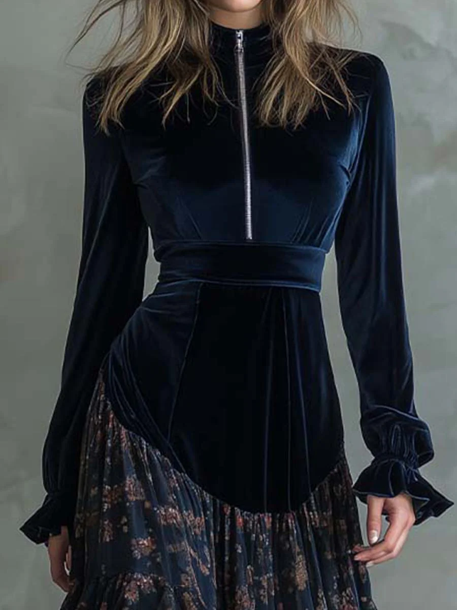 Molly | Maxi sukienka z weluru i szyfonu z kwiatowym nadrukiem