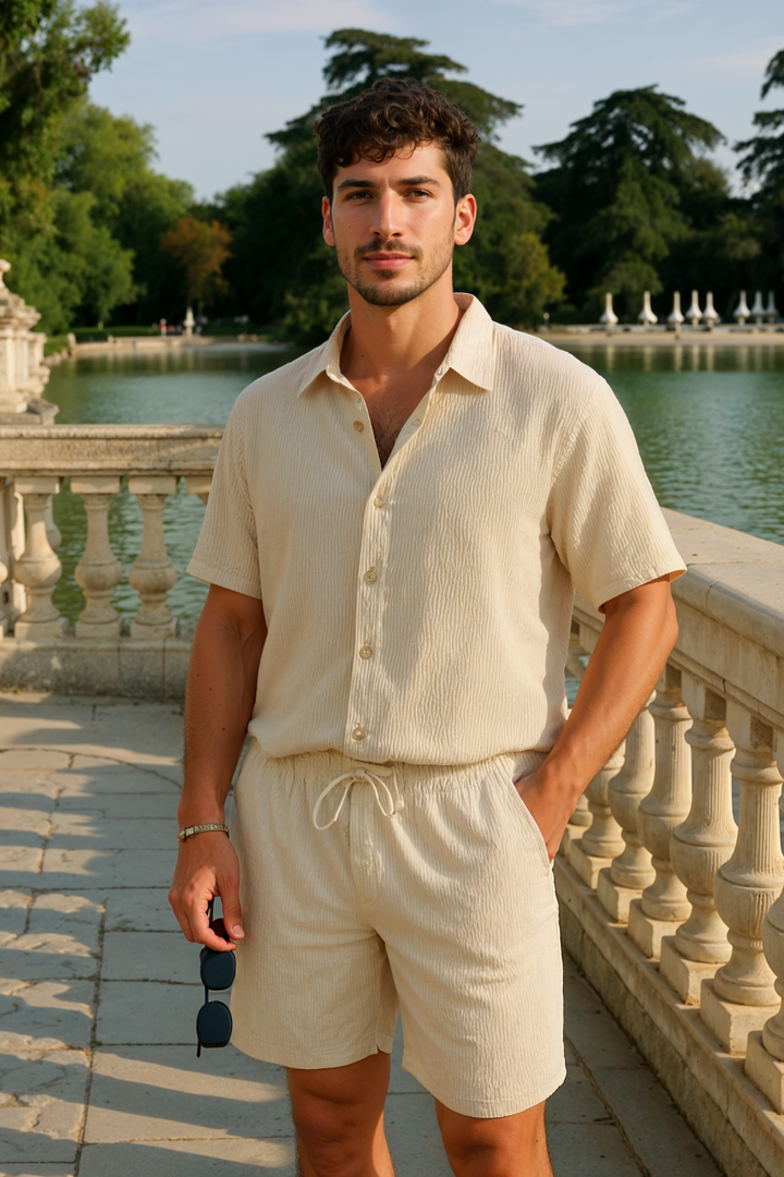 Conjunto Masculino de Dois Peças para Verão – Design Canelado Arejado e Ajuste Confortável