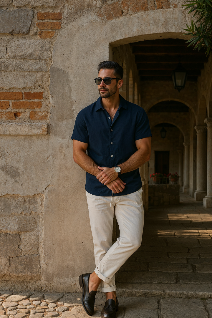 Conjunto Masculino de Verão – Camisa Solta, Respirável e Casual