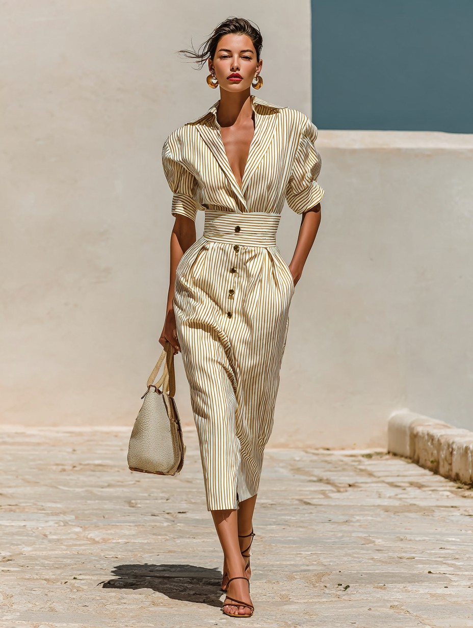 Robe midi cintrée à manches courtes avec col à revers rayé pour femme