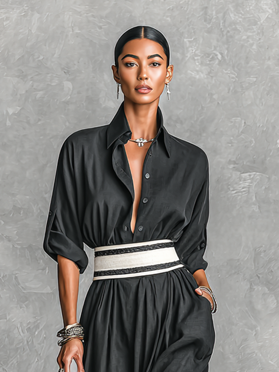 Vestito lungo da donna monopetto con revers in finta organza, maniche lunghe e vita aderente