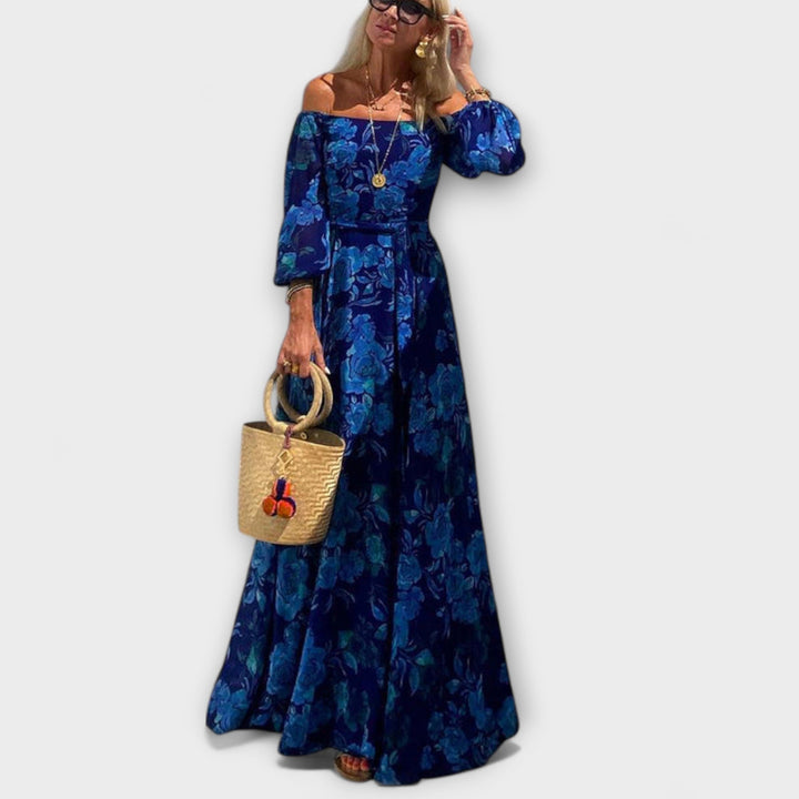 Juniper - Vestido largo fruncido con hombros descubiertos y estampado floral, ideal para vacaciones