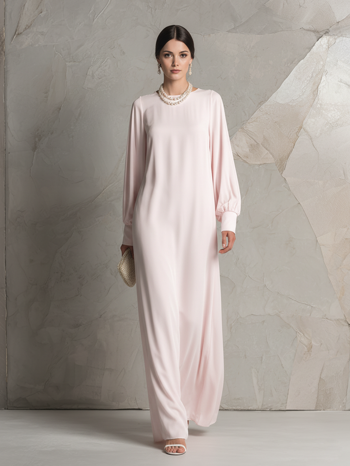 Vestido maxi feminino rosa claro com decote barco, mangas longas e costas abertas