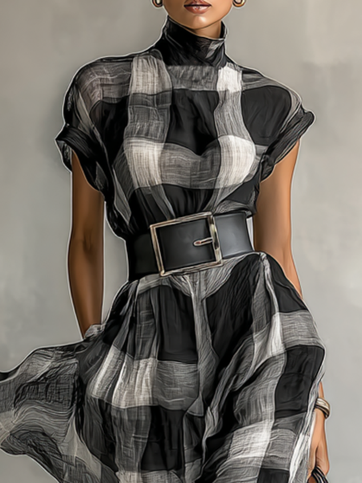 Women's Plaid Cotton Blend High Collar Short Sleeve Belt Maxi Dress