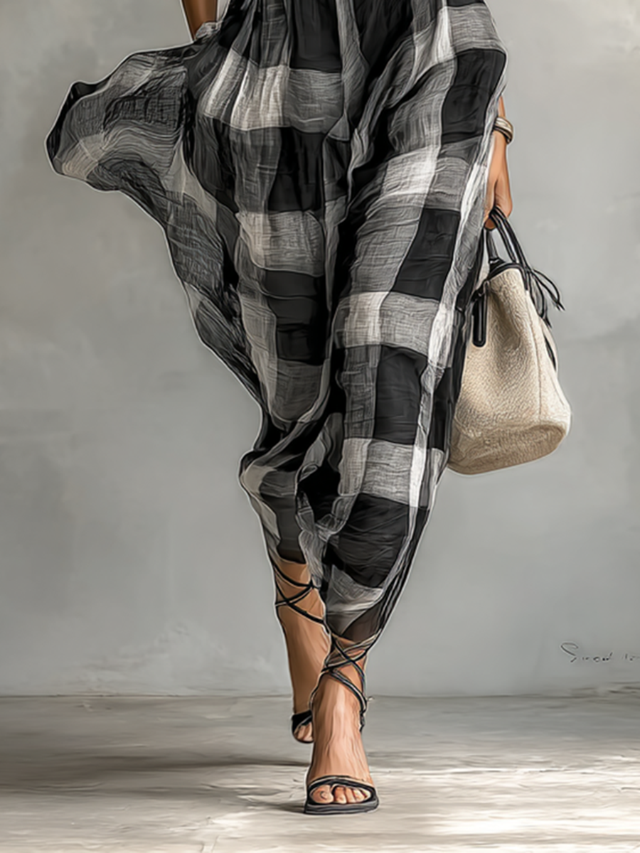 Women's Plaid Cotton Blend High Collar Short Sleeve Belt Maxi Dress