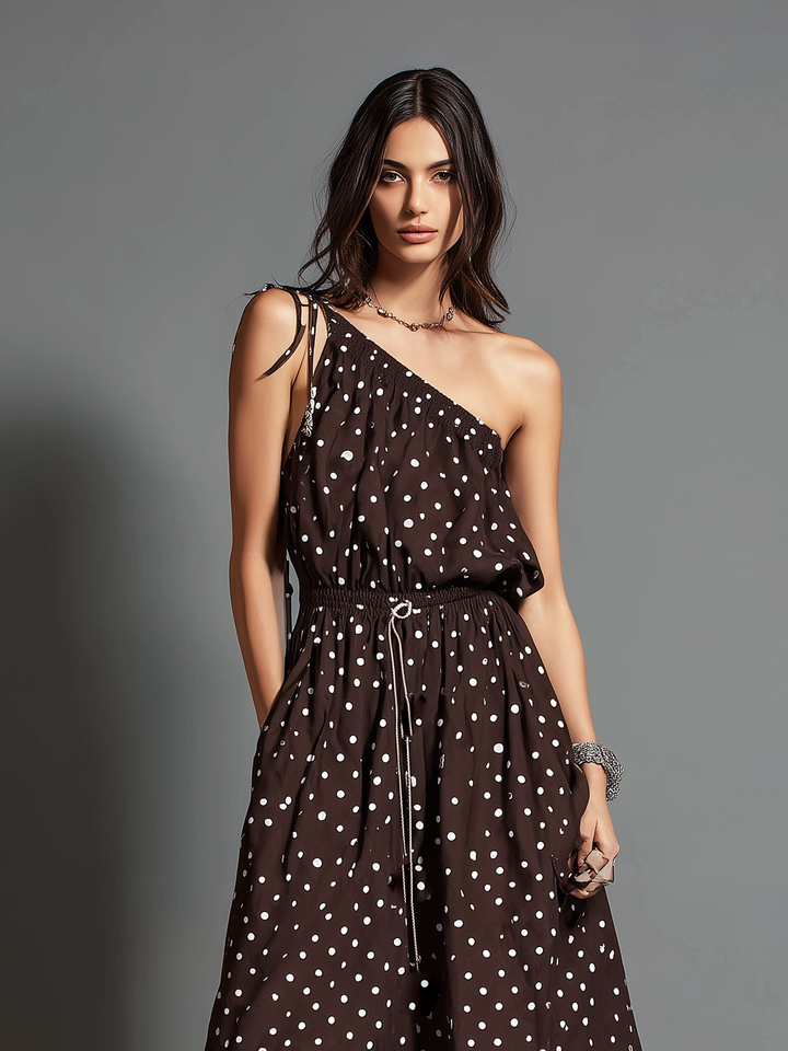 Women's Casual Brown Printed Polka Dot Woven Off-shoulder Sleeveless Long Dress