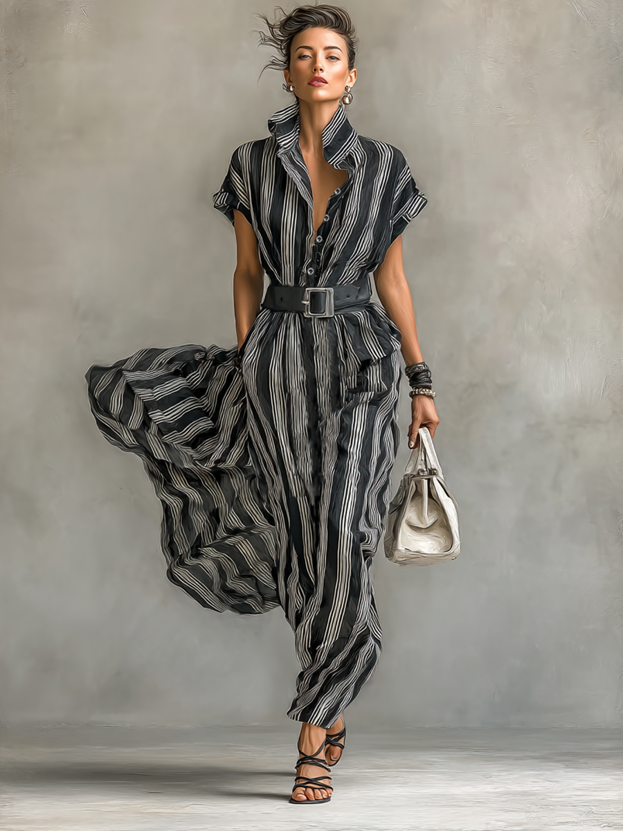 Women's Chiffon Striped Printed Lapel Short-sleeved Belted Maxi Dress