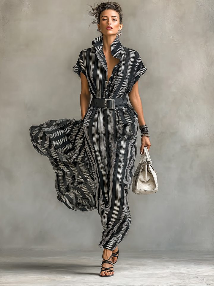 Women's Chiffon Striped Printed Lapel Short-sleeved Belted Maxi Dress