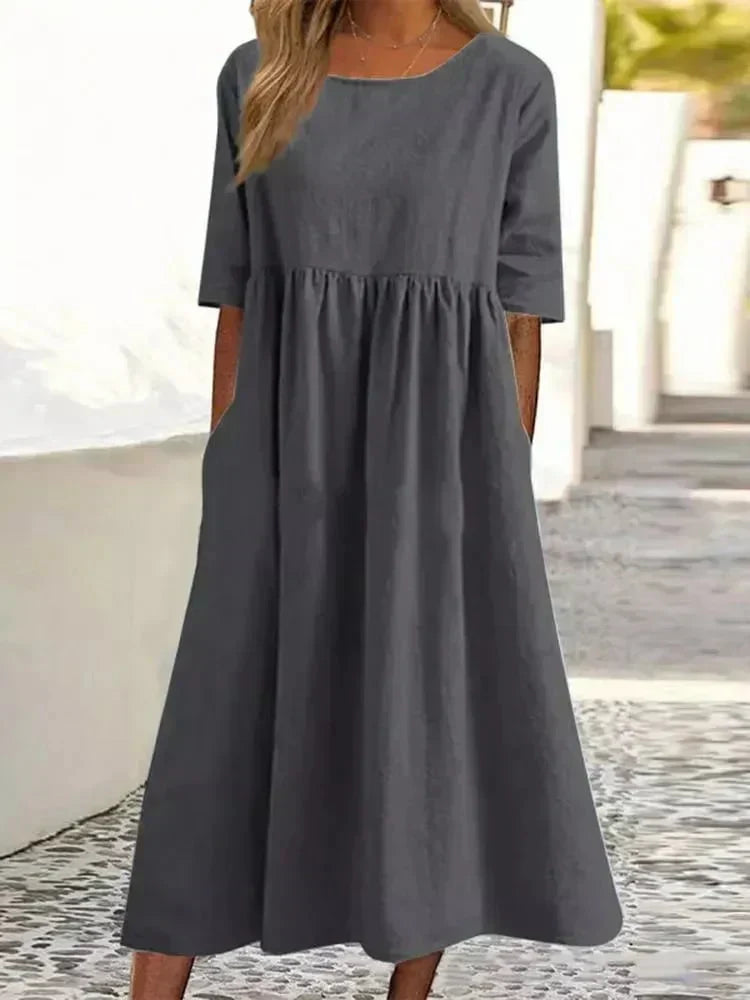 Women’s Relaxed Midi Dress with Round Neck and Short Sleeves