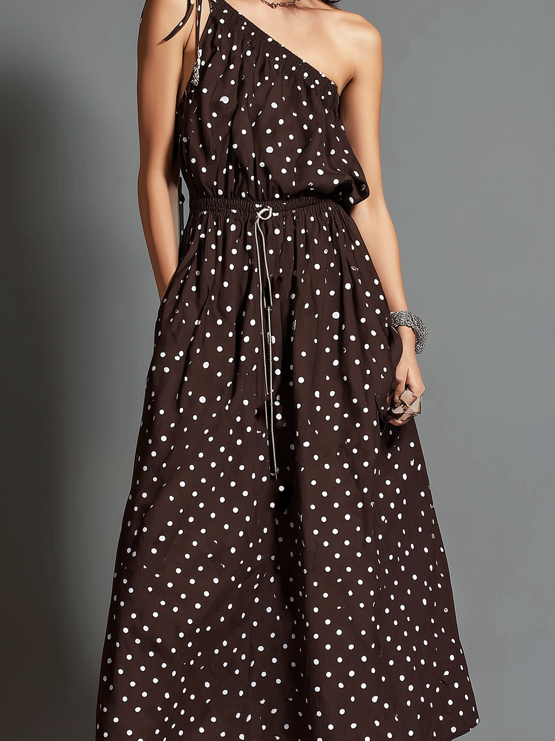 Women's Casual Brown Printed Polka Dot Woven Off-shoulder Sleeveless Long Dress