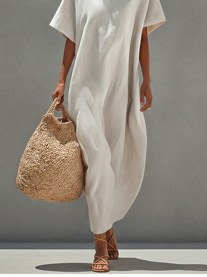 Women's White Linen Dress With Relaxed Fit & Minimalist Design, Timeless Resort-Casual Style Dress