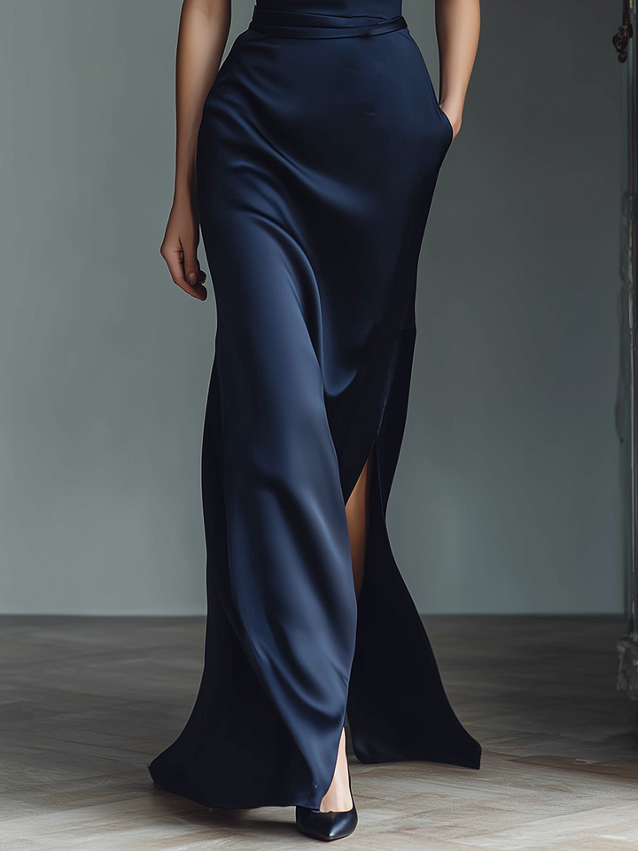 Women's Navy Blue Satin Maxi Dress With Lace Neckline