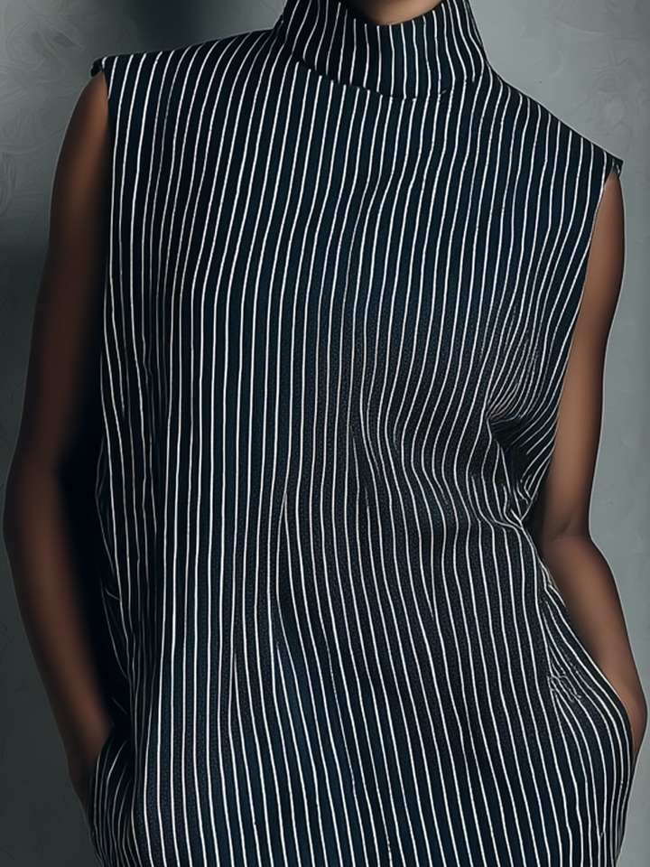 Robe mini femme marine rayée sans manches avec poches latérales
