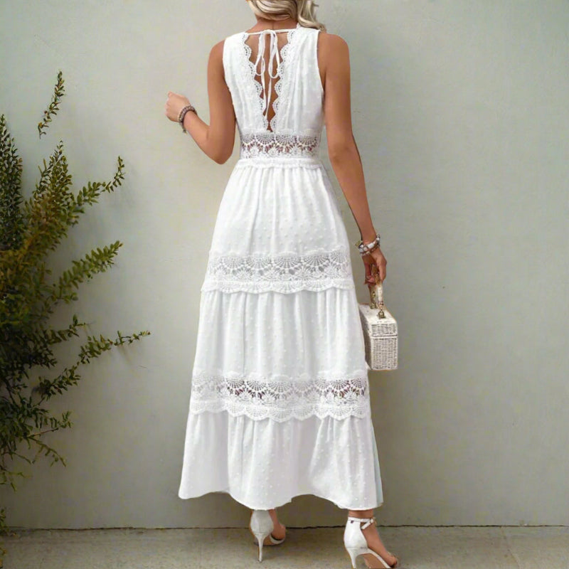 Robe maxi pour femme avec col en V et inserts en dentelle