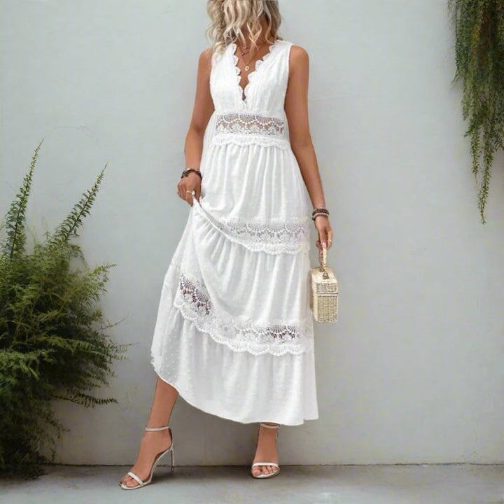Boho elegantes weißes Spitzen-Maxikleid