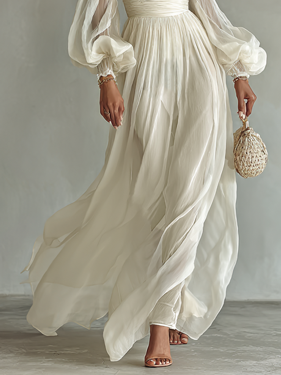 Vestido Longo Feminino de Chiffon com Decote Quadrado e Manga Longa na Cintura