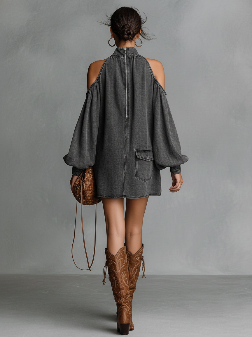 Robe mini femme minimaliste en denim lavé à épaules dénudées