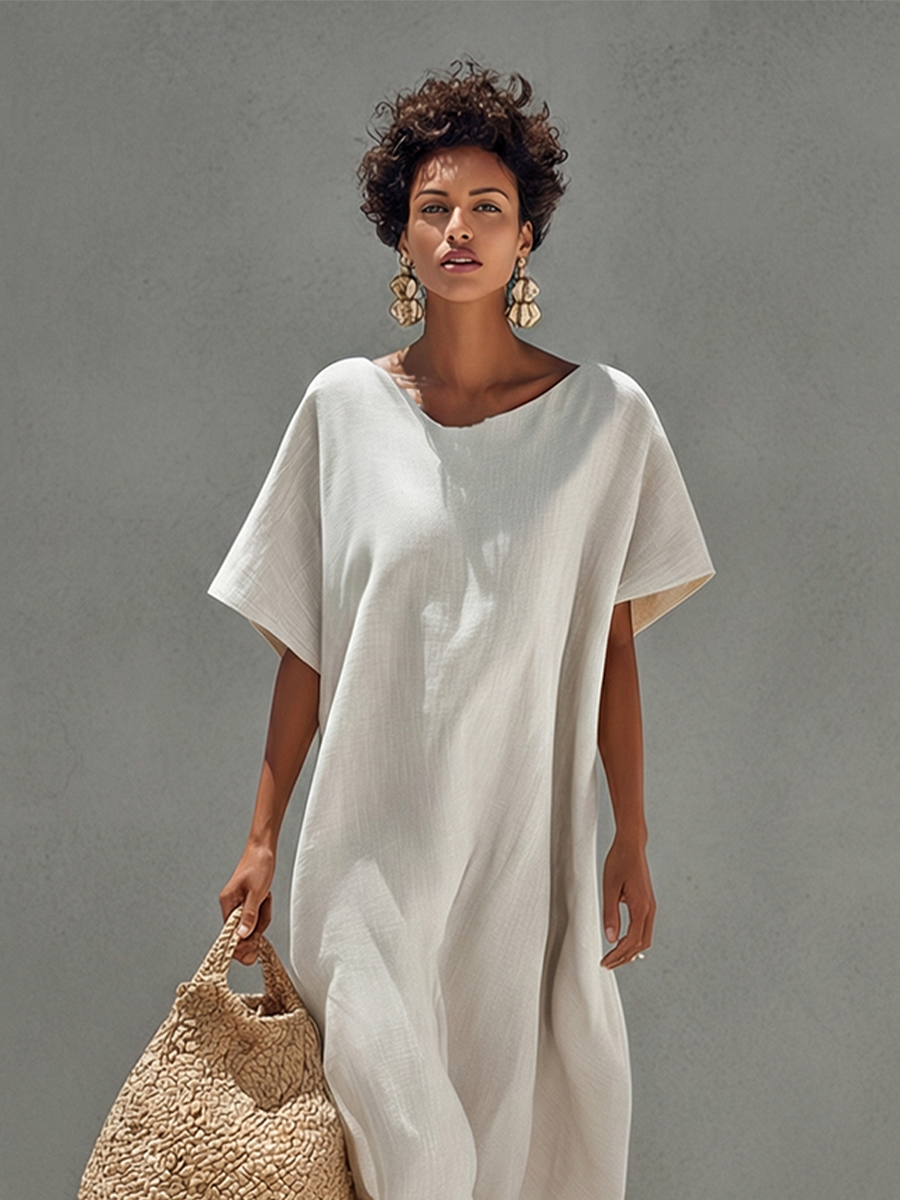 Women's White Linen Dress With Relaxed Fit & Minimalist Design, Timeless Resort-Casual Style Dress