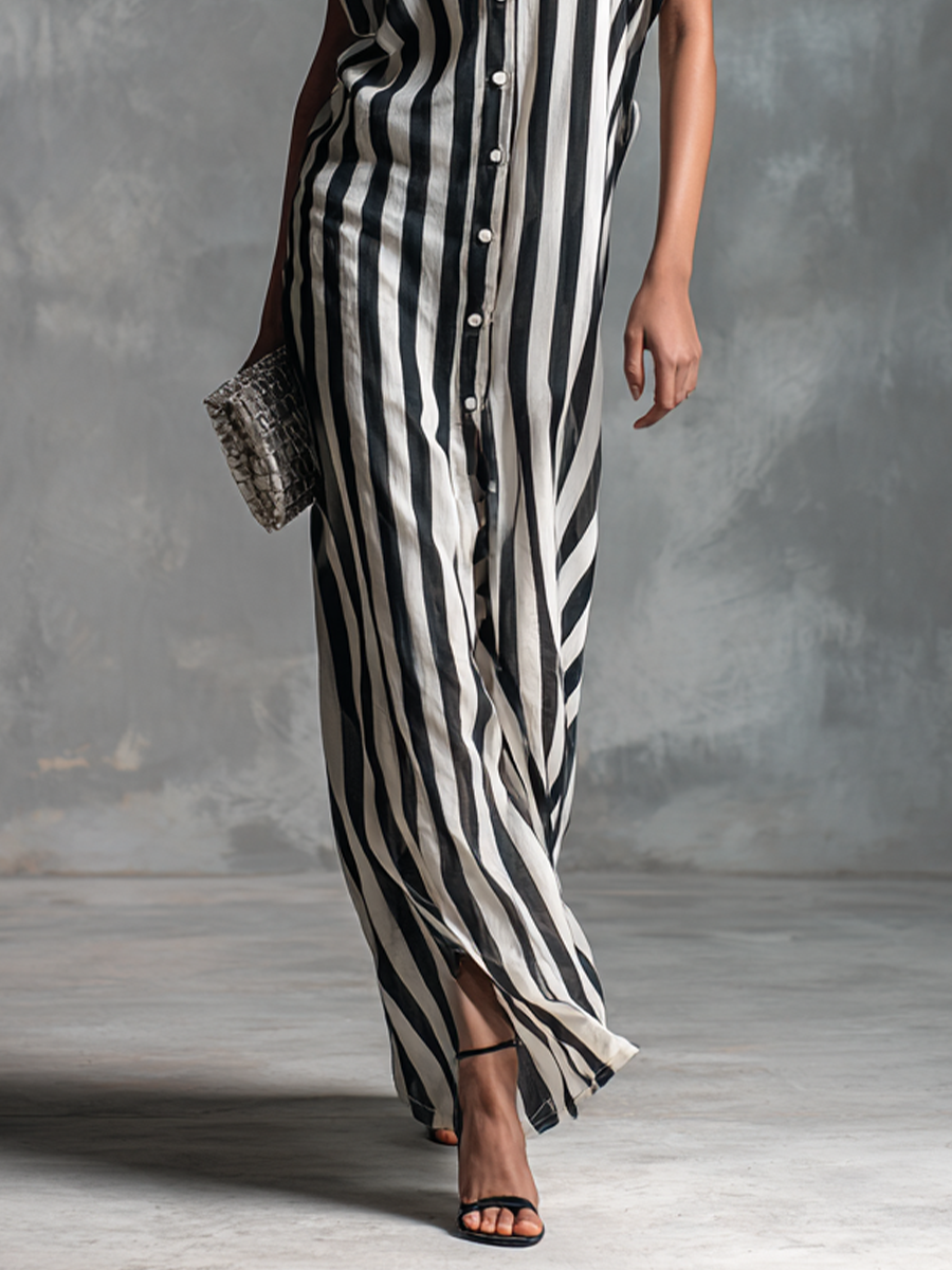 Women's Black And White Striped Sleeveless Shirt Maxi Dress