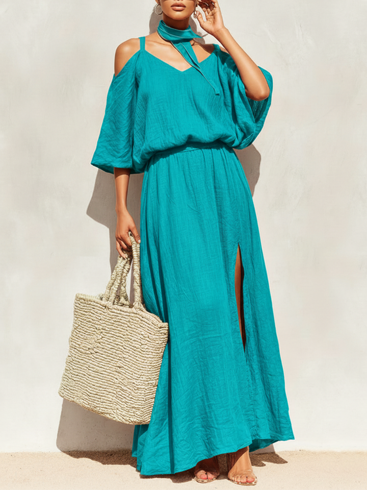 Women's Teal Linen Dress With Cold-Shoulder Sleeves & Side Slit, Timeless Boho-Resort Style Dress