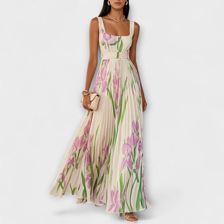 Vestido maxi de chifón floral fruncido
