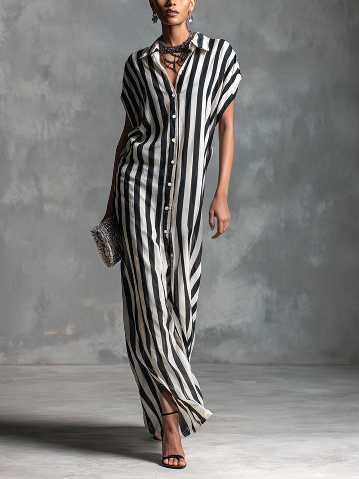 Women's Black And White Striped Sleeveless Shirt Maxi Dress