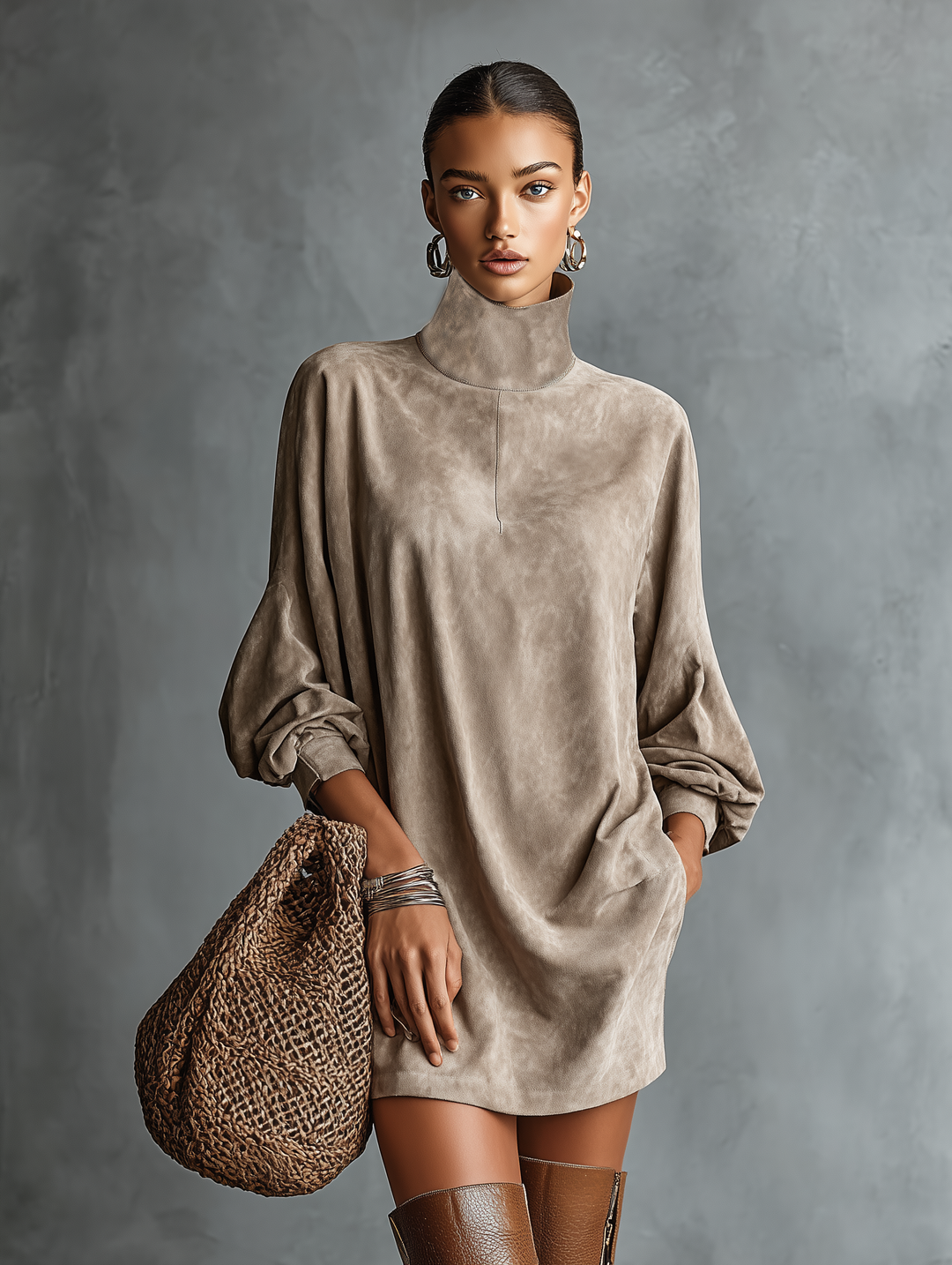Vestido curto feminino minimalista solto de camurça sintética com gola alta