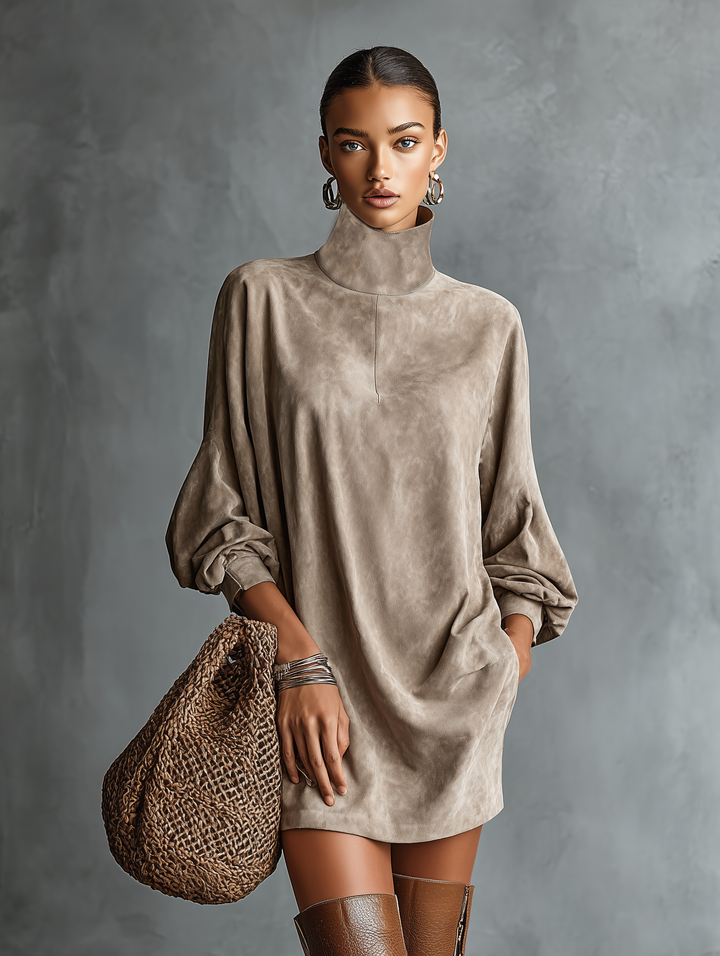 Vestido curto feminino minimalista solto de camurça sintética com gola alta